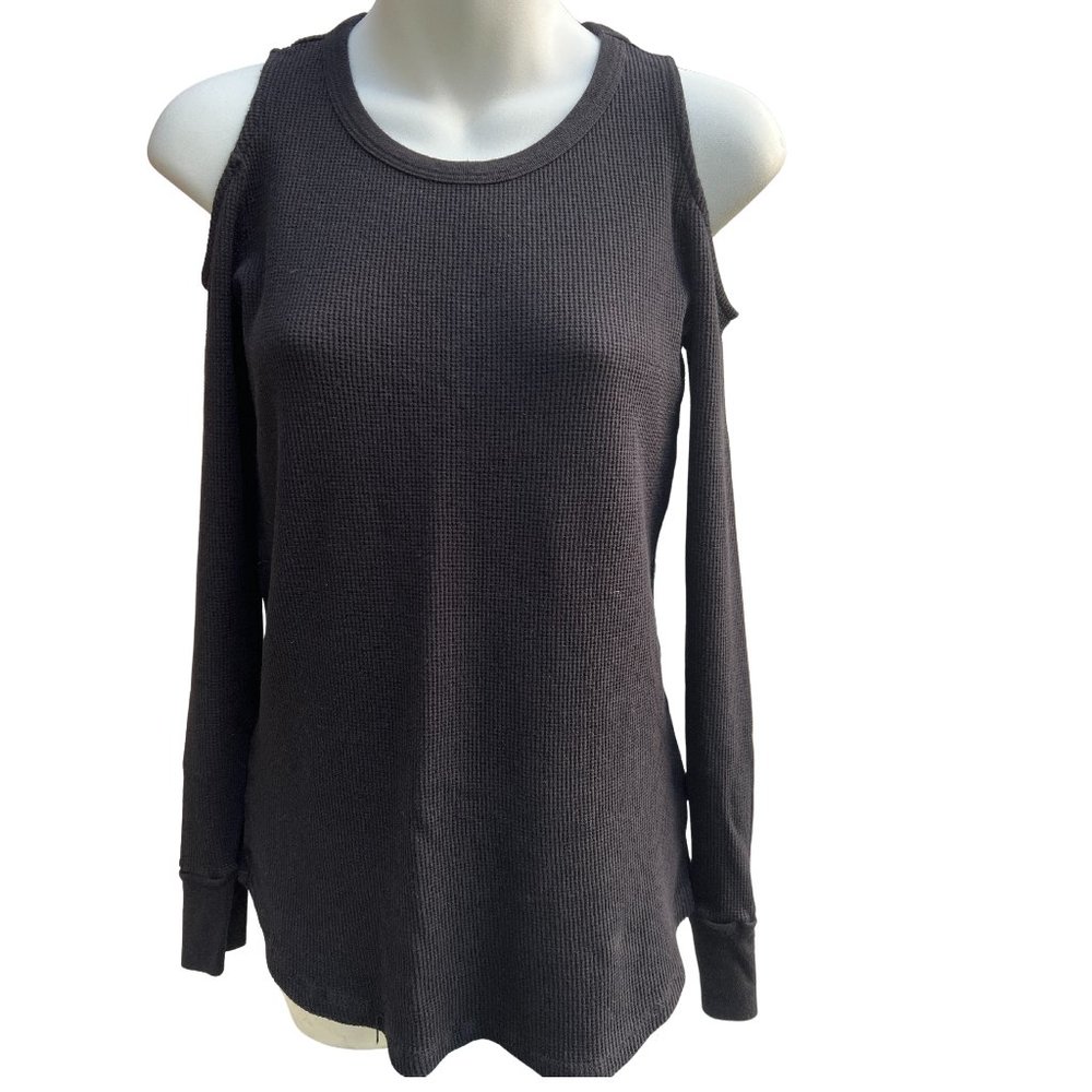 Splendid Cold Shoulder Thermal Round Neck Pullover Supima Cotton Sweater Black S